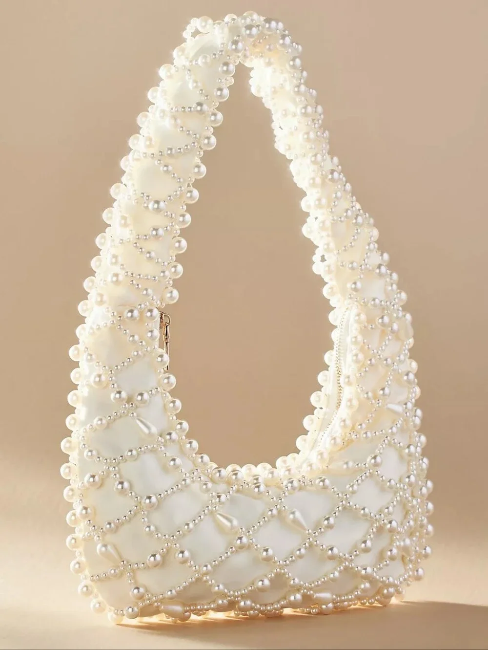Anthropologie Lucy Satin Pearl Handbag Pearl Beaded Cream Shoulder Bridal Bag